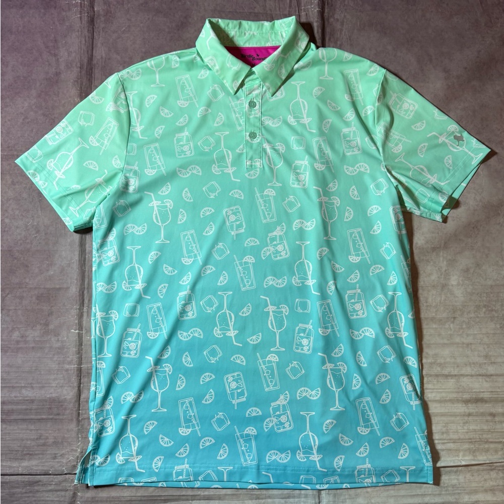 Birdie Bound Golf Polo Shirt Mens Size Medium Drink Pattern Stretch Green Blue
